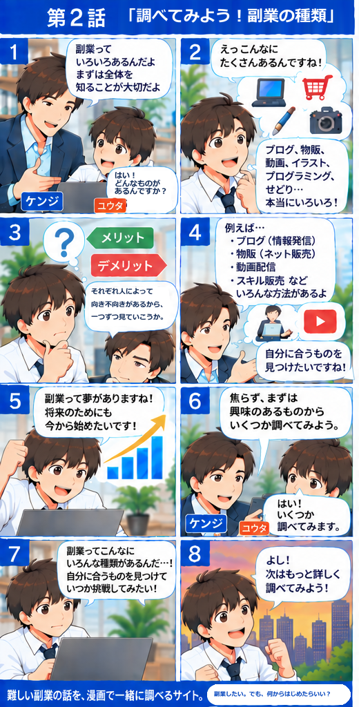第2話「調べてみよう！副業の種類」。ユウタとケンジの8コマ漫画。台詞のテキスト版は画像の下で開けます。