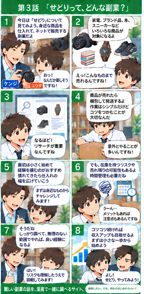 第3話「せどりって、どんな副業？」。ユウタとケンジの8コマ漫画。台詞のテキスト版は画像の下で開けます。