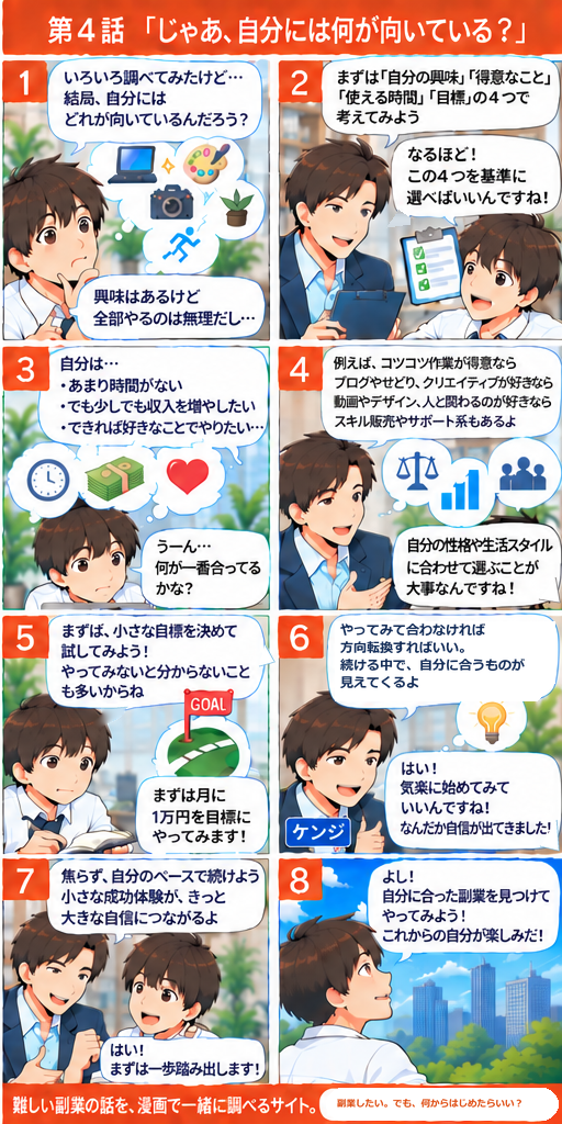 第4話「じゃあ、自分には何が向いている?」。ユウタとケンジの8コマ漫画。台詞のテキスト版は画像の下で開けます。